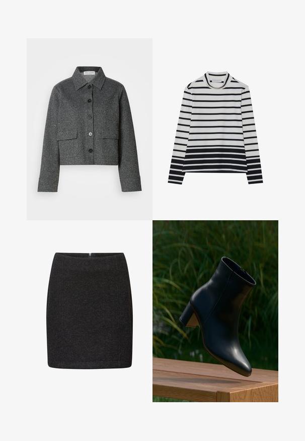 Veste grise courte en tissu texturé, dotée d'un col, d'une fermeture à boutons sur le devant et de deux poches plaquées.; T-shirt à manches longues en coton, présentant des rayures horizontales noires et blanches, un col montant haut et une coupe décontractée avec des fentes sur les côtés.; Mini-jupe noire en tissu texturé avec une coupe slim, dotée d'une fermeture éclair au dos et de coutures nettes. Design simple sans motifs visibles.; Bottine en cuir noire à talon bloc flottant au-dessus d'une table en bois sur un fond flou d’herbe verte.
