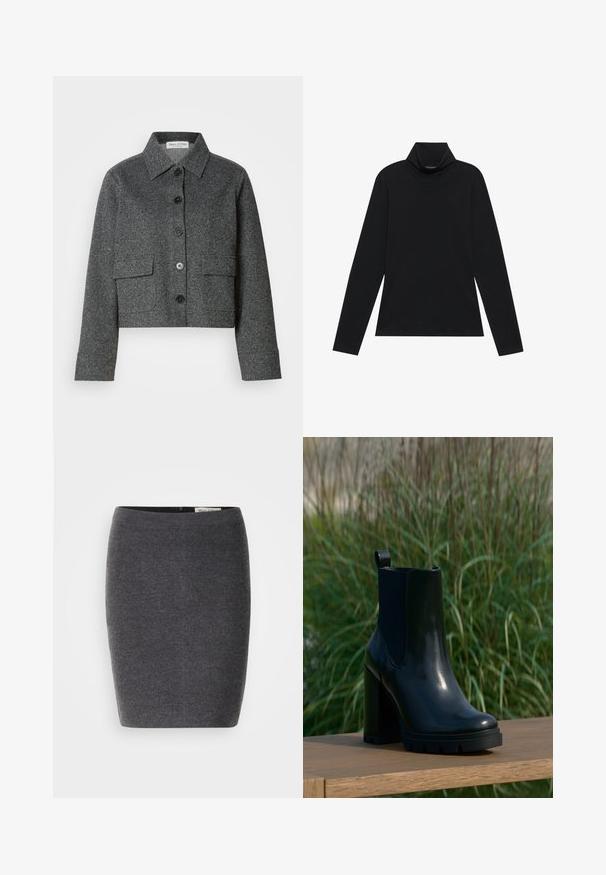 Grå cropped jakke lavet af struktureret stof, med krave, frontknaplukning og to påsyede lommer.; Sort turtleneck med lange ærmer. Blødt stof, tætsiddende design, høj krave og sidesøm. Simpel og alsidig stil, der er velegnet til lag-på-lag.; Grå uld blyantskirt med en glat tekstur og tætsiddende design, med en diskret talje og uden synlige udsmykninger.; Sort, skinnende læder ankelstøvle med kraftig høj hæl og trækketap, præsenteret på en træoverflade med en baggrund af højt grønt græs.