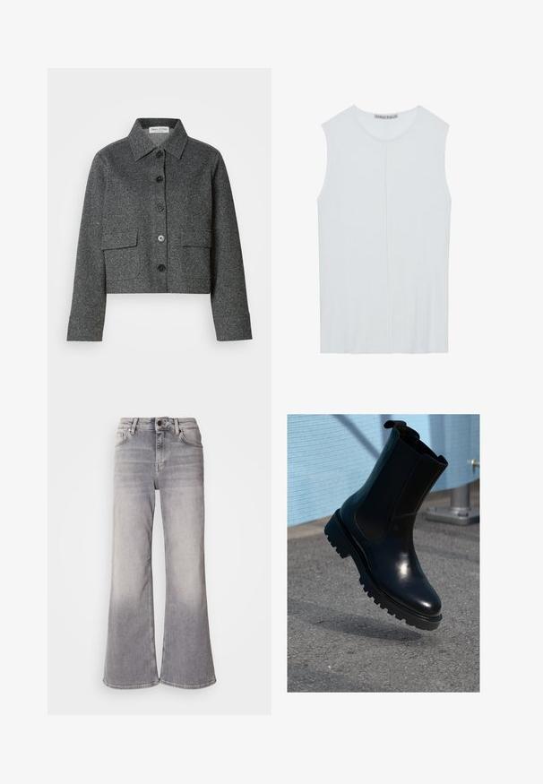 Veste grise courte en tissu texturé, dotée d'un col, d'une fermeture à boutons sur le devant et de deux poches plaquées.; Débardeur sans manches bleu clair en tissu côtelé, avec un encolure ronde et un détail de couture centrale. Texture lisse avec une coupe décontractée.; Mos Mosh HERA - Jean flare - grey; Bottine en cuir noir avec panneaux élastiques sur les côtés, bout arrondi et semelle épaisse texturée. Finition lisse avec un design minimaliste.