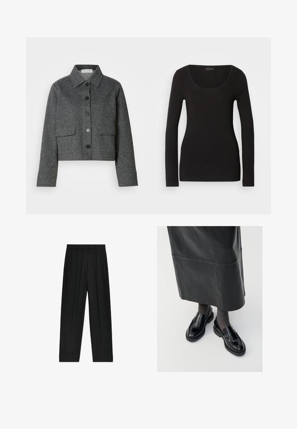 Grå cropped jakke lavet af struktureret stof, med krave, frontknaplukning og to påsyede lommer.; Sort langærmet top med en rund halsudskæring, lavet af blødt, strækbart stof. Har en tætsiddende pasform og glat tekstur. Brandlabel synlig.; Sorte, højtaljede bukser med lige ben-design, der har plisseringer og sidelommer, lavet af et letvægtsstof.; Sorte læder loafers med en glat finish, prydet med en dekorativ rem, rund tå og tekstureret sål. Båret med en lang sort læderskirt.