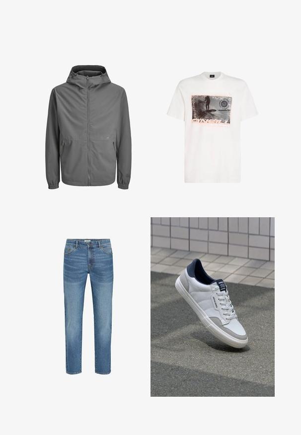 Grå letvægtsjakke med hætte, lynlås fortil, elastiske manchetter og to sidelommer. Glat stof, minimalistisk design, diskret brandlogo.; Hvid bomulds T-shirt med et grafisk print af en surfer, sol og mønstre i sort og fersken, med rund hals og korte ærmer.; Lysblå denim jeans med et klassisk lige ben-design, der har fem lommer, metalknaplukning og en let falmning på stoffet.; Hvide sneakers med grå og marineblå accenter, der har en glat læder- og ruskindsoverdel, snørebåndslukning og struktureret gummisål.