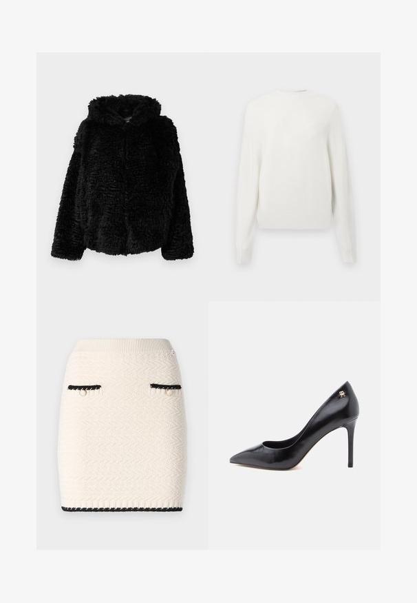 Sort pelsjakke med hætte, der har et struktureret, blødt materiale og en løs pasform. Designet inkluderer lange ærmer og en åbning foran.; Hvid strikket sweater med lange ærmer og rund halsudskæring. Stoffet virker blødt og let med en glat tekstur.; Strikket mini nederdel i creme med et tekstureret zigzag mønster, accentueret med sort trim omkring lommerne og kanten, samt hardware i guldtonet.; Sort læderpump med høje hæle og spids tå, der har et udskåret design og en lille gulddetalje med logo på hælen.