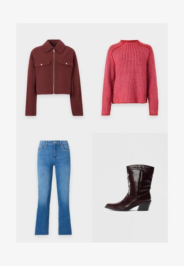 Veste courte bordeaux en tissu texturé. Elle comporte une fermeture éclair et deux poches avant avec des boutons-pression argentés.; Pull rouge avec des rayures verticales, texture côtelée, col rond et manches longues. L'ourlet est légèrement court avec des bords ton sur ton.; Jeans en denim bleu avec une jambe évasée, dotés d'une taille mi-haute, de cinq poches et d'une fermeture à bouton argent classique. Texture lisse.; Bottines en cuir bourgogne avec un bout pointu, une surface texturée et un petit talon effilé. Présente une couture discrète et un ajustement confortable.