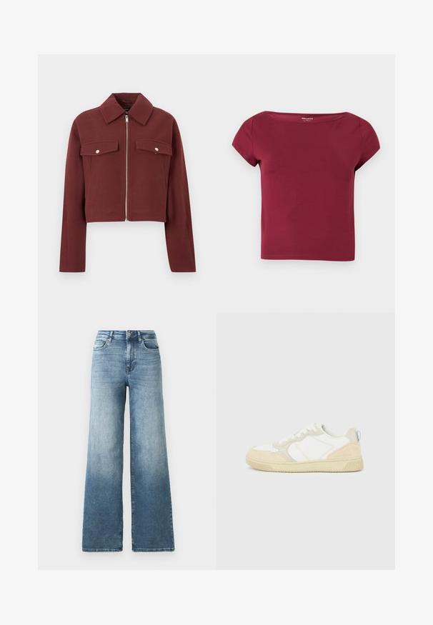Bordeaux cropped jakke lavet af et tekstureret stof. Har lynlås lukning og to forlommer med sølvfarvede trykknapper.; Kortærmet, ensfarvet burgunder crop top med bred halsudskæring og glat stof, vist på en ensfarvet lys baggrund.; Vide ben jeans i lys blå vask, med høj talje, fem-lomme design og subtil falmen på stoffet. Klassisk metalknap lukning.; Hvid og beige sneaker med en overdel i ruskind og tekstil, med kontrastsyninger, en gummisål og en lyseblå detalje på hælen.