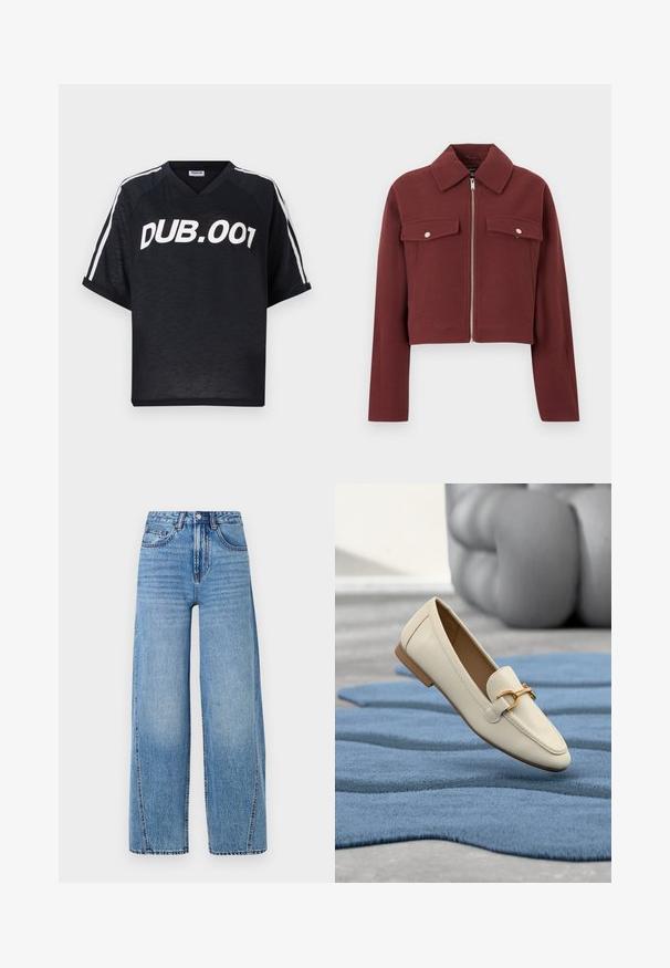 Bordeaux cropped jakke lavet af et tekstureret stof. Har lynlås lukning og to forlommer med sølvfarvede trykknapper.; Sort kortærmet T-shirt med V-hals, med hvid tekst "DUB.001" og hvide sidelister langs ærmerne. Glat tekstur.; Højtaljede, lyseblå, brede denim jeans med forlommer, bælteløkker, knaplukning og synlige sømdetaljer.; Beige læderloafers med guldbeslag liggende på et struktureret blåt tæppe i et minimalistisk indendørsrum med en grå pude i baggrunden.