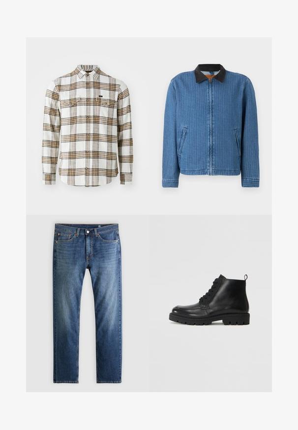 Chaqueta azul a cuadros con cremallera, cuello de pana negro y bolsillos laterales, mostrada sobre fondo liso.; Lee CLEAN WESTERN - Camisa - ecru ochre plaid; Vaqueros de mezclilla azul con piernas rectas, estilo de cinco bolsillos, cierre de botón y cremallera, y un sutil desgaste en las áreas frontales de los muslos.; Botas negras de cuero hasta el tobillo con punta redonda, cordones en la parte delantera y suela de goma texturizada. Incluye una pestaña en el talón para ponerlas y quitarlas fácilmente.
