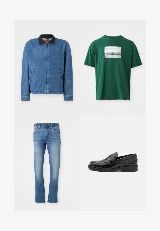 Blå ternet lynlåstrøje med sort kordfløjlsflaske og sidelommer, vist på en ensfarvet baggrund.; Grøn bomulds t-shirt med korte ærmer, der har et kvadratisk grafikprint af et sort-hvidt foto og logo på forsiden.; Lysblå denimjeans med lige snit, der har klassisk fem-lomme design, subtil vaskesymfoni og kontrasterende syninger.; Sorte læder loafers med en glat finish, rund tå, lav hæl og dekorativ syning langs forsiden. Gummisål for godt greb.