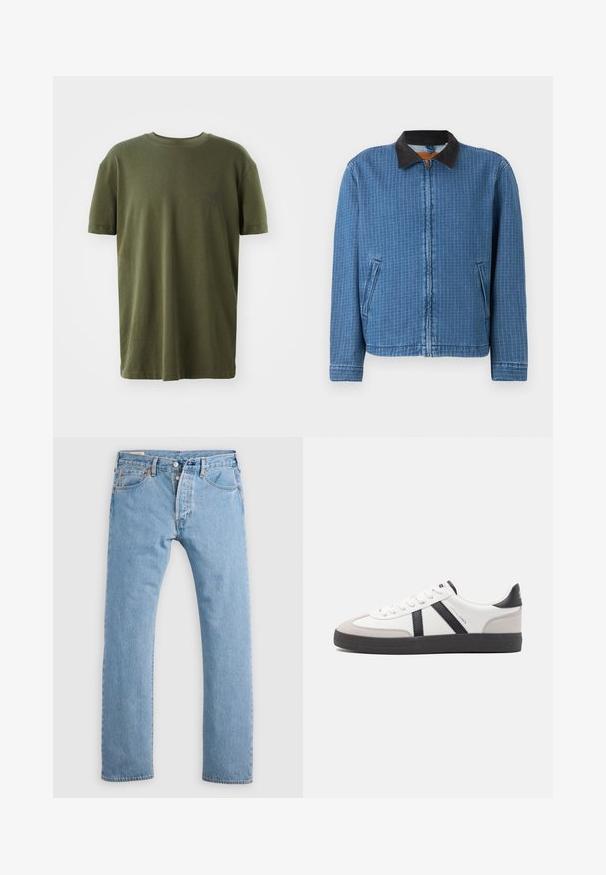 Blauw geruit jack met rits, zwarte corduroy kraag en zijzakken, weergegeven op een effen achtergrond.; Olijfgroene t-shirt van katoen met korte mouwen, ronde hals en een klein logo in donkerblauw op de linkerborst gedrukt.; Lichtblauwe rechte spijkerbroek met knoopsluiting, riemlussen en voor- en achterzakken, weergegeven op een witte achtergrond.; Witte sneaker met zwarte en grijze accenten, voorzien van een grijze neus met textuur, zwarte rubberen zool en platte witte veters. Schoon ontwerp, minimalistische stijl.