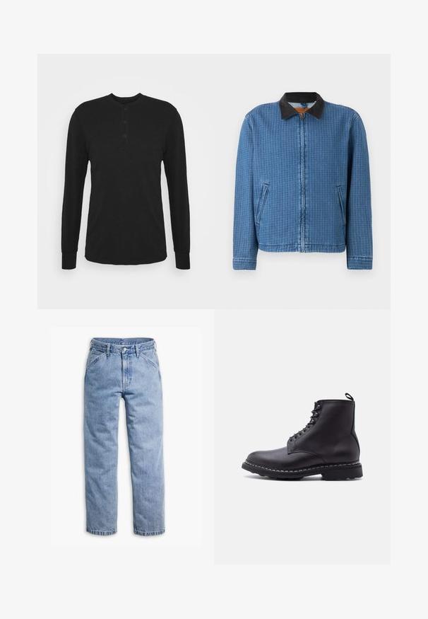 Chaqueta azul a cuadros con cremallera, cuello de pana negro y bolsillos laterales, mostrada sobre fondo liso.; Camisa negra de manga larga con cuello redondo, tapeta de tres botones y puños ajustados. Está hecha de una tela suave con una textura lisa.; Vaqueros de mezclilla azul claro de pierna recta con cierre frontal de botón y cremallera, trabillas para cinturón y bolsillos delanteros inclinados.; Botín de cuero negro con cordones, suela gruesa y tira para tirar en la parte trasera, mostrado de perfil sobre un fondo blanco.