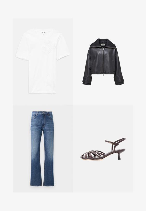 Chaqueta de cuero negra recortada con un collar ancho, cierre frontal con cremallera y puños acampanados. Presenta una textura suave y un diseño minimalista.; Camiseta corta de manga corta blanca hecha de algodón, con tres aplicaciones de flores texturizadas en el frente, presenta un escote redondo y un corte relajado.; Jeans de mezclilla azul acampanados con cintura alta, un ligero desgaste, cinco bolsillos y costuras de cobre en las costuras. Diseño clásico de pierna recta.; Sandalia de tacón bajo tipo gatito de cuero marrón oscuro con tiras y hebilla ajustable en el tobillo, sobre fondo blanco.