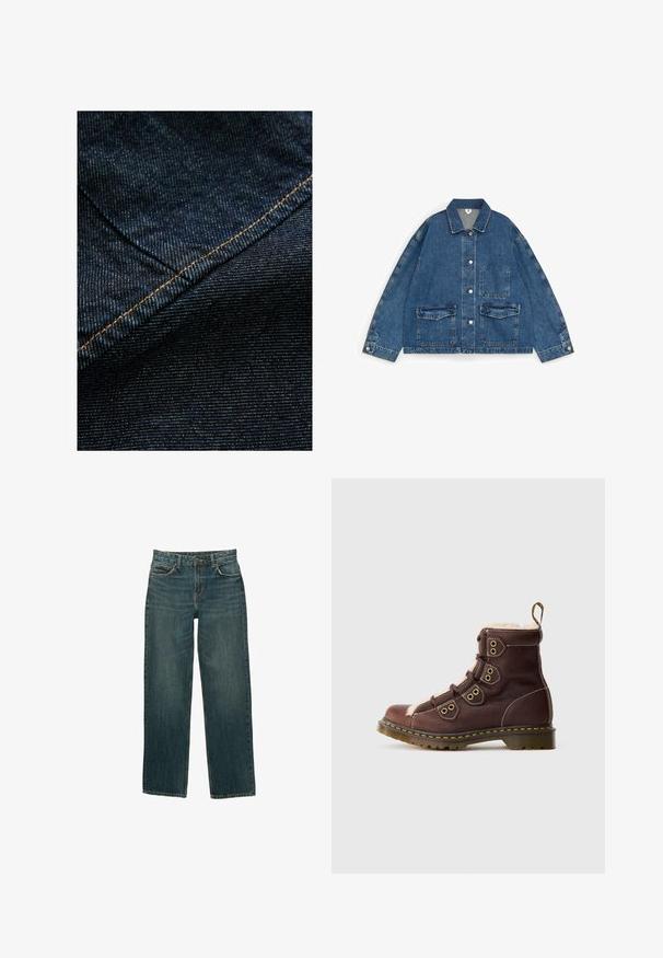 Blauwe spijkerjas met puntkraag, knoopsluiting aan de voorkant, twee klepzakken, één borstzak en lange mouwen met knoopmanchetten.; Donkerblauwe denimstof met een subtiele verticale textuur, voorzien van oranje stiksels langs de naad voor accentuering.; Bordeaux denim jeans met een rechte pasvorm, vijf zakken en gouden stikdetails. De stof heeft een subtiele vervaagde textuur.; Bruine leren veterschoenen tot de enkels met beige bontvoering, gele stiksel en een doorschijnende, stevige zool op een witte achtergrond.