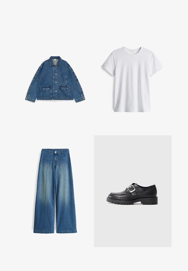 Blaue Jeansjacke mit spitzem Kragen, Knopfleiste, zwei Klappentaschen, einer Brusttasche und langen Ärmeln mit geknöpften Manschetten.; Weißes Baumwoll-T-Shirt mit rundem Ausschnitt und kurzen Ärmeln. Weicher Stoff, gerader Schnitt, keine sichtbaren Logos oder Muster.; Weite, hellblaue Jeans mit einem verwaschenen Look, zwei Gesäßtaschen und einem glatten Finish. Verfügt über einen klassischen Knopf- und Reißverschluss.; Schwarze Lederschuhe mit einer abgerundeten Spitze, ausgestattet mit einem seitlichen Schnallen-Detail und einer dicken, robusten Sohle. Glatte Textur mit minimalen Nähten.
