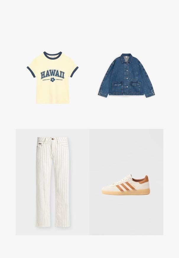 Veste en denim bleu avec col pointu, fermeture à boutons, deux poches à rabat, une poche poitrine et manches longues avec poignets à boutons.; T-shirt court crème avec bordure bleu marine au col et aux manches, avec le texte « HAWAII Tropical Roots & Beach Club » et un motif de fleur d'hibiscus.; Pantalon blanc à jambes droites avec fines rayures verticales noires, conception à cinq poches et fermeture par bouton à la taille.; Baskets en daim blanc avec des accents en maille marron clair et trois bandes marron. Dotées d'une semelle en caoutchouc texturée et du logo "SPEZIAL" sur le côté.