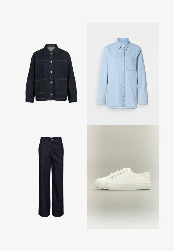 Dunkelblaue Jeansjacke mit langen Ärmeln, Knopfleiste vorne, großen vorderen Taschen und Kragen, innen am Kragen mit dem Label VILA.; Himmelblaues Denim-Hemd mit Knopfverschluss, spitzem Kragen, einer Brusttasche und langen Ärmeln mit knöpfbaren Manschetten.; Dunkelblaue Denim-Jeans mit geradem Bein, Knopf- und Reißverschluss, Gürtelschlaufen und sichtbaren Nahtdetails.; Weißer Low-Top-Sneaker mit weißen Schnürsenkeln und Gummisohle, seitlich auf neutralem Hintergrund dargestellt.