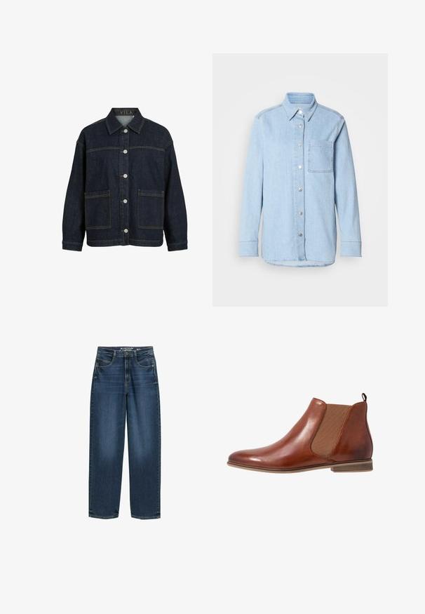 Dunkelblaue Jeansjacke mit langen Ärmeln, Knopfleiste vorne, großen vorderen Taschen und Kragen, innen am Kragen mit dem Label VILA.; Himmelblaues Denim-Hemd mit Knopfverschluss, spitzem Kragen, einer Brusttasche und langen Ärmeln mit knöpfbaren Manschetten.; Dunkelblaue weite Jeans mit hoher Taille, Fronttaschen und klassischer Denim-Textur. Abgeschlossen mit dezenten Steppnähten und geraden Beinsäumen.; Braune Leder-Chelsea-Stiefel mit elastischen Seitenteilen, abgerundeter Zehenpartie und einem kleinen Absatz. Glatte Textur mit einer Zuglasche auf der Rückseite.