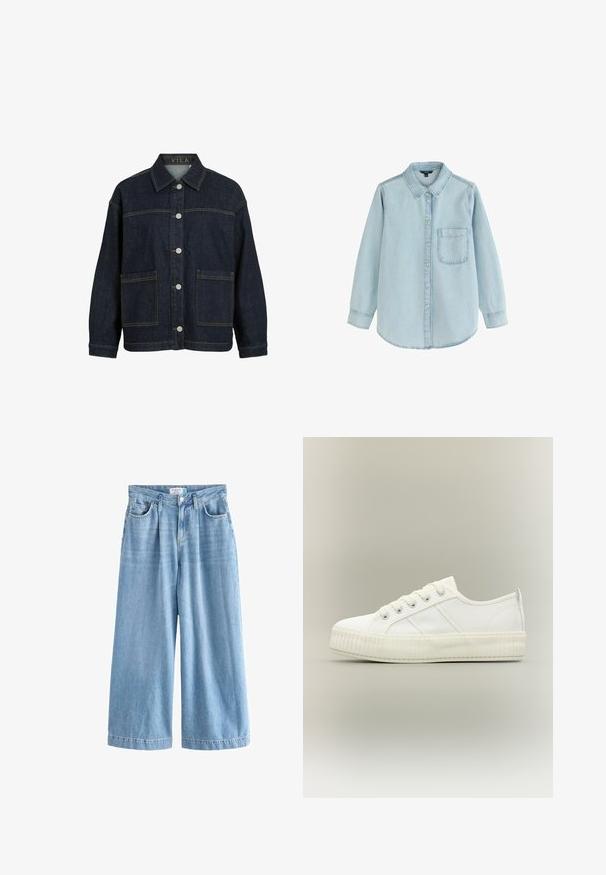 Mørkeblå denimjakke med lange ærmer, knaplukning foran, store forlommer og krave, mærket VILA inde i kraven.; Lyseblå denim skjorte med lange ærmer og knapper foran, med en enkelt brystlomme og krave med fold, lagt fladt på en hvid baggrund.; Lyseblå denim palazzo jeans med brede ben, der har høj talje, frontlommer og knaplukning. Diskret falmet tekstur.; Hvid lavtop sneaker med tyk ribbet sål, snørelukning foran og trækflap på hælen mod en neutral baggrund.