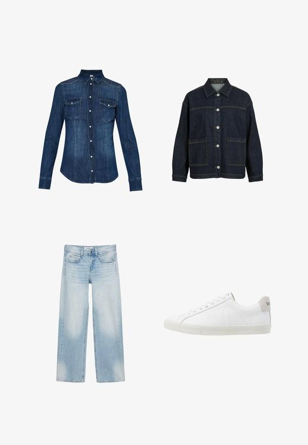 Veste en jean bleu foncé à manches longues, fermeture boutonnée devant, grandes poches avant et col, avec étiquette VILA à l'intérieur du col.; Chemise en denim bleu foncé, avec une fermeture à boutons à l'avant, un col pointu et deux poches sur la poitrine avec rabat. Manches longues avec poignets boutonnés.; Jean bleu clair à jambes larges avec cinq poches, passants pour ceinture, fermeture par bouton et légère décoloration sur l'avant des cuisses et des genoux.; Baskets en cuir blanc avec une semelle en caoutchouc texturée et blanc cassé. Les caractéristiques incluent des lacets, des coutures discrètes et un accent en daim gris au niveau du talon.