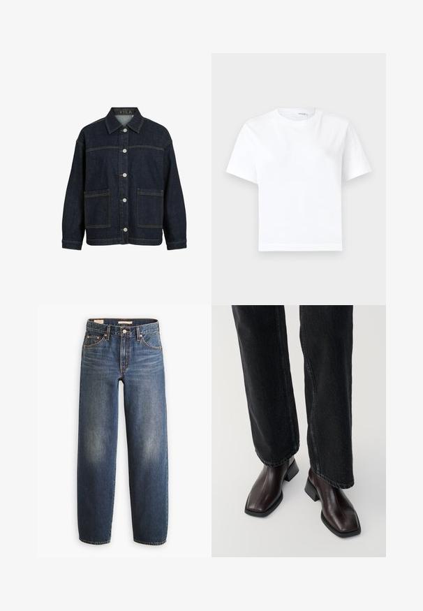 Mørkeblå denimjakke med lange ærmer, knaplukning foran, store forlommer og krave, mærket VILA inde i kraven.; Hvid kortærmet bomuld t-shirt med rund halsudskæring og lige kant, vist på en hvid baggrund.; Mørkeblå denimjeans med en straight-leg design, der har fem lommer, kobbernitter og diskret falmning på lårene.; Brune læder ankelstøvler med firkantet tå og blokhæl, parret med sorte brede jeans. Glat tekstur og minimalistisk design.