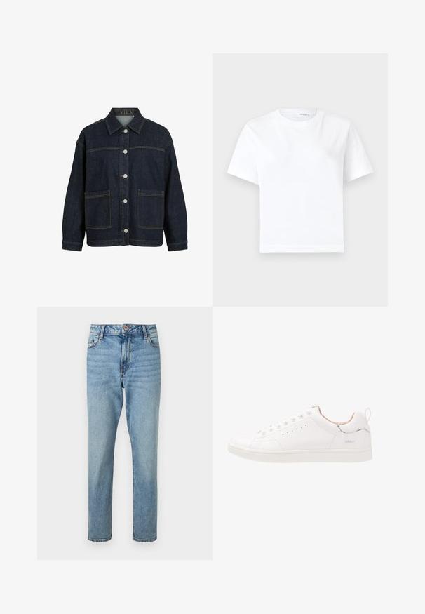 Mørkeblå denimjakke med lange ærmer, knaplukning foran, store forlommer og krave, mærket VILA inde i kraven.; Hvid kortærmet bomuld t-shirt med rund halsudskæring og lige kant, vist på en hvid baggrund.; Lyseblå højtaljede jeans med rette ben, forsideknap og lynlåslukning, forlommer og subtile falmede detaljer.; Hvide lædersneakers med rund tå, seks snørehuller, perforerede detaljer, subtile plastdetaljer og en struktureret gummisål.