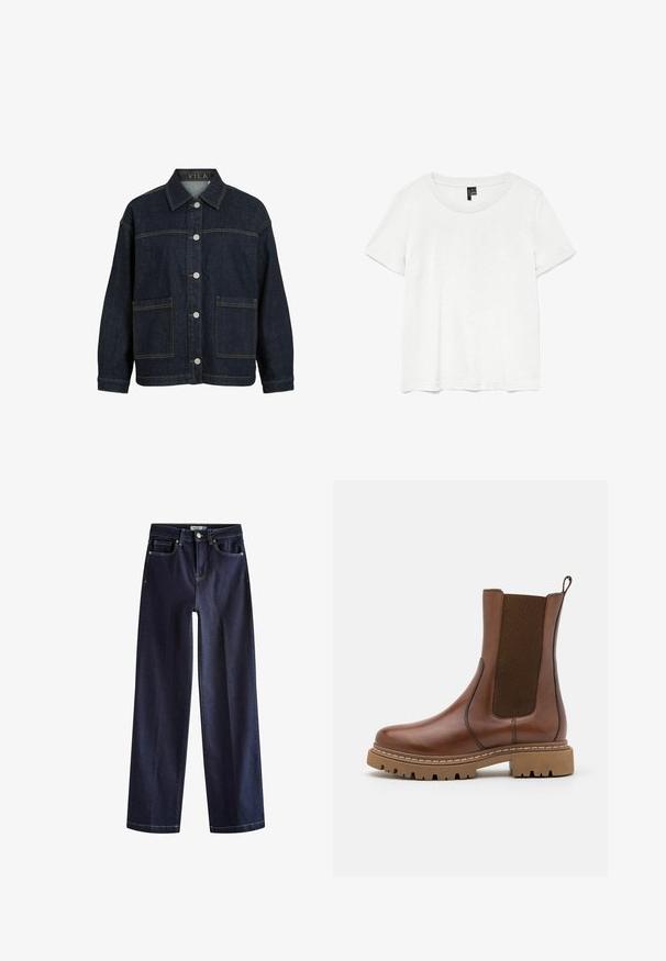 Dunkelblaue Jeansjacke mit langen Ärmeln, Knopfleiste vorne, großen vorderen Taschen und Kragen, innen am Kragen mit dem Label VILA.; Weißes T-Shirt mit kurzen Ärmeln und rundem Ausschnitt, hergestellt aus leichtem Stoff. Schlichtes Design, glatte Textur und gerader Saum.; Next Jeans Straight Leg - rinse blue; Braune Leder-Ankle-Boots mit elastischen Einsätzen und einem Ziehschlaufe. Sie verfügen über eine robuste Gummisohle und sichtbare Nahtdetails entlang der Kanten.