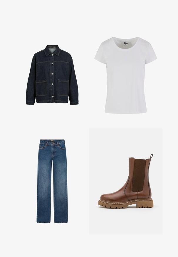 Veste en jean bleu foncé à manches longues, fermeture boutonnée devant, grandes poches avant et col, avec étiquette VILA à l'intérieur du col.; T-shirt blanc à manches courtes en coton. Il présente une encolure arrondie et une coupe cintrée. L'étiquette indique "URBAN CLASSICS".; Jean en denim à jambes larges, de couleur bleu moyen. Comprend cinq poches, fermeture par bouton et fermeture éclair, et coutures doubles. Tissu durable.; Bottine en cuir marron avec des panneaux élastiques et une languette de tirage. Elle possède une semelle en caoutchouc épaisse et des détails de couture visibles le long des bords.