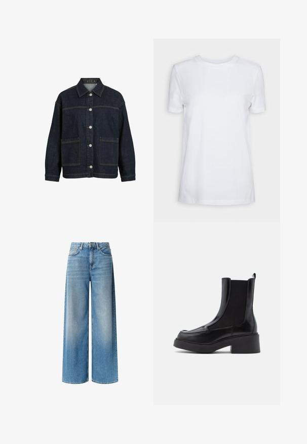 Veste en jean bleu foncé à manches longues, fermeture boutonnée devant, grandes poches avant et col, avec étiquette VILA à l'intérieur du col.; T-shirt blanc uni à manches courtes, col rond, coupe régulière, avec une petite étiquette à l’intérieur du col indiquant "SELECTED FEMME."; Un jean en denim bleu à jambe large présente un délavage clair, une taille haute, des poches avant et un effet de dégradé subtil le long des jambes. Fini avec une fermeture à bouton.; Bottines Chelsea noires avec un talon épais, dotées d'une tige en cuir brillant et de panneaux élastiques sur les côtés pour un enfilage facile. Semelle en caoutchouc solide.