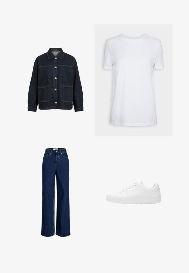 Dunkelblaue Jeansjacke mit langen Ärmeln, Knopfleiste vorne, großen vorderen Taschen und Kragen, innen am Kragen mit dem Label VILA.; Schlichtes weißes T-Shirt mit kurzen Ärmeln und Rundhalsausschnitt, normaler Passform und einem kleinen Innenhalsetikett mit der Aufschrift „SELECTED FEMME.“; Dunkelblaue, hoch taillierte Jeans mit weitem Bein, vorderen Taschen, Gürtelschlaufen, Knopfverschluss und sichtbaren Nahtdetails.; Weiße Schnürsneaker mit oberer Schicht aus glattem Leder, runder Zehenpartie und flacher Gummisohle. Minimales Design mit einem einfarbigen Farbschema.