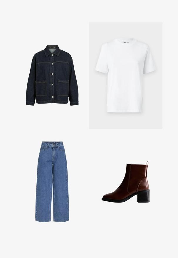 Donkerblauwe spijkerjas met lange mouwen, knoopsluiting aan de voorkant, grote voorzakken en kraag, met label VILA aan de binnenkant van de kraag.; Witte katoenen T-shirt met ronde hals, korte mouwen en een gladde textuur. Ontworpen met een comfortabele en veelzijdige relaxte pasvorm.; Wijde blauwe jeans met een hoge taille, gemaakt van denim stof. Voorzien van voorzakken en een knoopsluiting. Klassiek casual ontwerp.; Bruin lederen enkellaars met een vierkante neus en zijnaad, een gestapelde hak van 7,5 cm en een lus aan de achterkant voor gemakkelijk aan- en uittrekken.