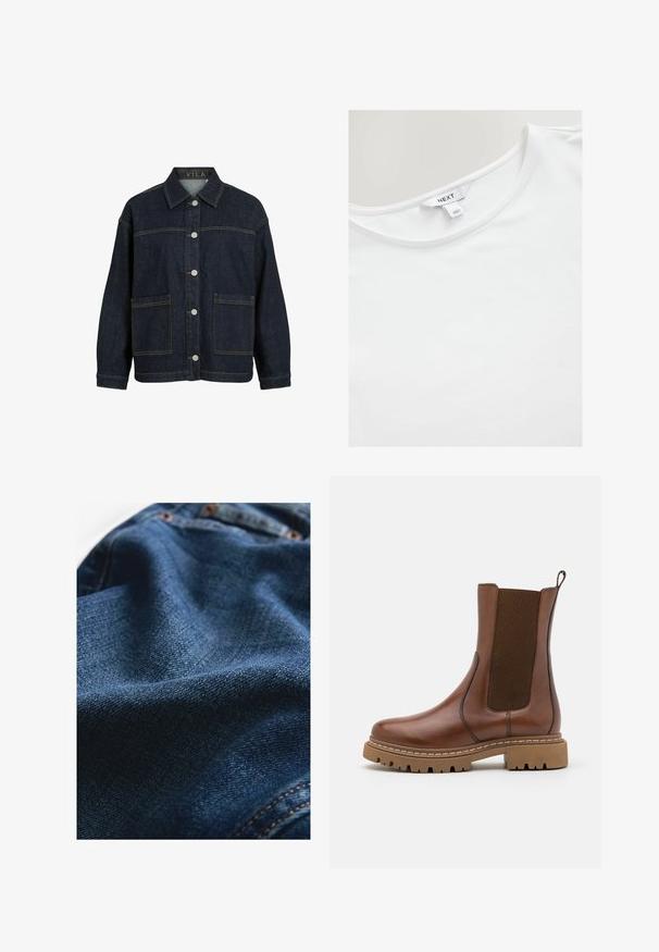 Donkerblauwe spijkerjas met lange mouwen, knoopsluiting aan de voorkant, grote voorzakken en kraag, met label VILA aan de binnenkant van de kraag.; Witte T-shirt met korte mouwen, gemaakt van zachte katoen, met een ronde halslijn en een label met "NEXT" op de binnenkant van de rug.; Denimstof in donkerblauw, met een gladde textuur en subtiele geweven variaties, en contrasterende stikseldetails.; Bruine leren enkelboot met elastische panelen en een trekomed. Kenmerkt zich door een robuuste rubberen zool en zichtbare stiksels langs de randen.