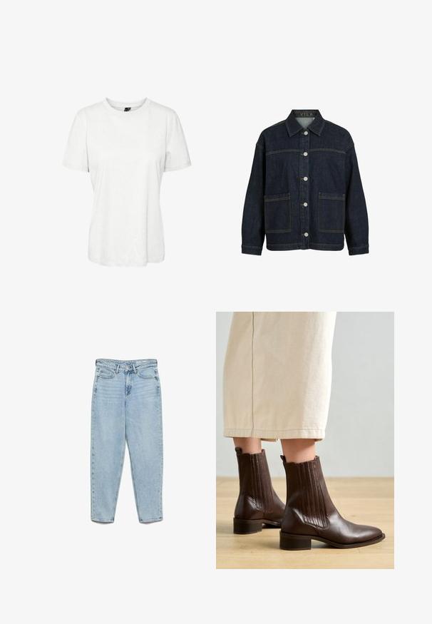 Mørkeblå denimjakke med lange ærmer, knaplukning foran, store forlommer og krave, mærket VILA inde i kraven.; Hvid kortærmet t-shirt lavet af bomuld med rund halsudskæring og afslappet pasform. Glat tekstur og ingen synlige mønstre eller dekorationer.; Lyseblå højtsiddende denimjeans med forlommer, bæltestropper, knaplukning og tilspidsede ben på en hvid baggrund.; Pavement SHANI - Støvletter - brown