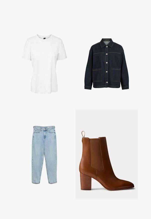 Mørkeblå denimjakke med lange ærmer, knaplukning foran, store forlommer og krave, mærket VILA inde i kraven.; Hvid kortærmet t-shirt lavet af bomuld med rund halsudskæring og afslappet pasform. Glat tekstur og ingen synlige mønstre eller dekorationer.; Lyseblå højtsiddende denimjeans med forlommer, bæltestropper, knaplukning og tilspidsede ben på en hvid baggrund.; Brun læderstøvle med blokhæl, elastiske sidepaneler og trækstrop på bagsiden, vist i profil på en ensfarvet baggrund.