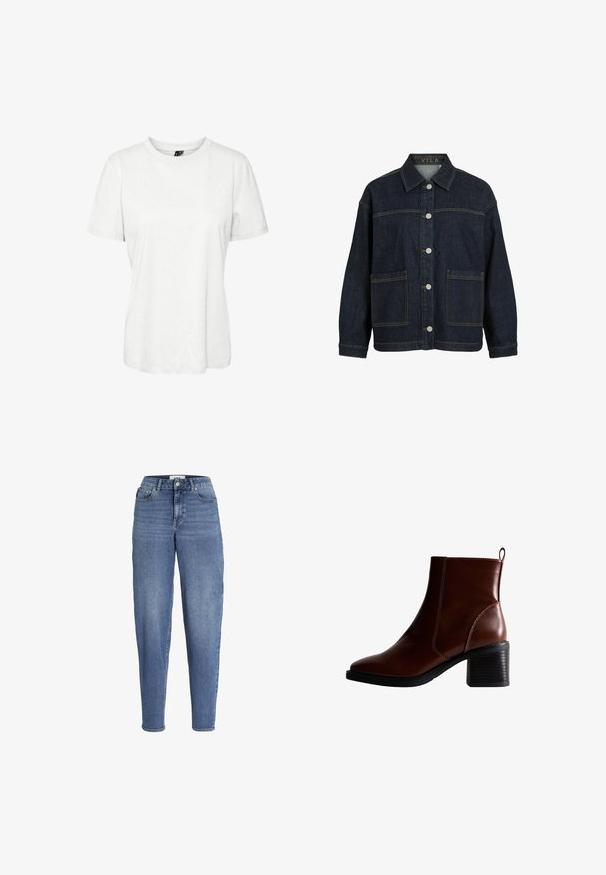 Mørkeblå denimjakke med lange ærmer, knaplukning foran, store forlommer og krave, mærket VILA inde i kraven.; Hvid kortærmet t-shirt lavet af bomuld med rund halsudskæring og afslappet pasform. Glat tekstur og ingen synlige mønstre eller dekorationer.; Blå højtaljede, tilspidsede jeans med lommer foran og bagpå, knaplukning og bæltestropper, vist på hvid baggrund.; Brun læder ankelstøvle med firkantet tå og sidesøm, en 7,5 cm stablet hæl og en trækflap bagpå for nem påtagning.