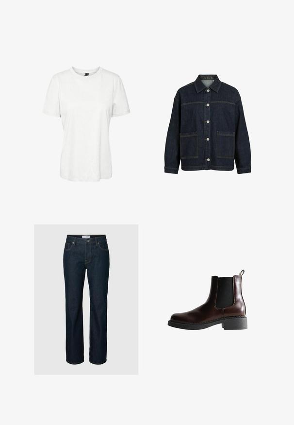 Mørkeblå denimjakke med lange ærmer, knaplukning foran, store forlommer og krave, mærket VILA inde i kraven.; Hvid kortærmet t-shirt lavet af bomuld med rund halsudskæring og afslappet pasform. Glat tekstur og ingen synlige mønstre eller dekorationer.; Mørkeblå straight-leg jeans med fem lommer, knaplukning og kontrastsyning, vist på en ensfarvet baggrund.; Brune læder ankelstøvle med elastiske sidepaneler, rund tå og en struktureret sort gummisål. Har kontrasterende syninger og en trækflap.