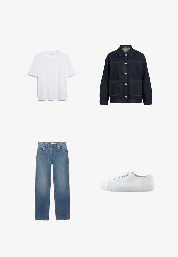 Mørkeblå denimjakke med lange ærmer, knaplukning foran, store forlommer og krave, mærket VILA inde i kraven.; Hvid bomulds t-shirt med korte ærmer, rund halsudskæring og en afslappet pasform. Ingen synlige mønstre eller logoer. Glat tekstur.; Lysblå denimjeans med lige snit, fem lommer og hardware i kobberfarve. Stoffet har en let falmning og en glat tekstur.; Hvid lavtop lærredsneaker med hvide snørebånd og gummisål, vist fra siden på en hvid baggrund.