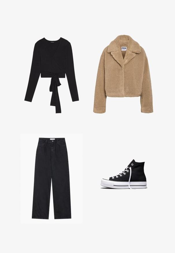 Manteau teddy beige court avec un col à revers, en matière polaire texturée, et manches longues. Comprend une fermeture avant dissimulée.; Even&Odd by Zalando T-shirt à manches longues - black; Jeans en denim noirs taille haute à jambes larges avec fermeture à bouton et zip à l'avant, passants de ceinture et style à cinq poches.; Baskets montantes en toile noire avec semelle en caoutchouc blanche et lacets blancs, vues de côté sur un fond blanc.