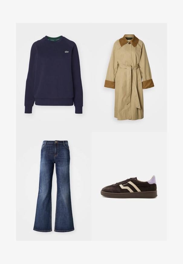 Beige trenchcoat met een bruine corduroy kraag en manchetten; voorzien van een stoffen riem, voorzakken en een gladde textuur.; Navyblauwe sweatshirt van katoen, met een ronde hals, geribbelde manchetten en een klein groen Lacoste-logo op de borst.; Donkerblauwe uitlopende spijkerbroek van denim met een sluiting met een knop aan de voorkant, twee voorzakken en een minimale vervaging langs de dijen en de zoom.; Donkerbruine corduroy sneaker met beige zijstrepen, vetersluiting, paarse hieltab en rubberen zool tegen een witte achtergrond.