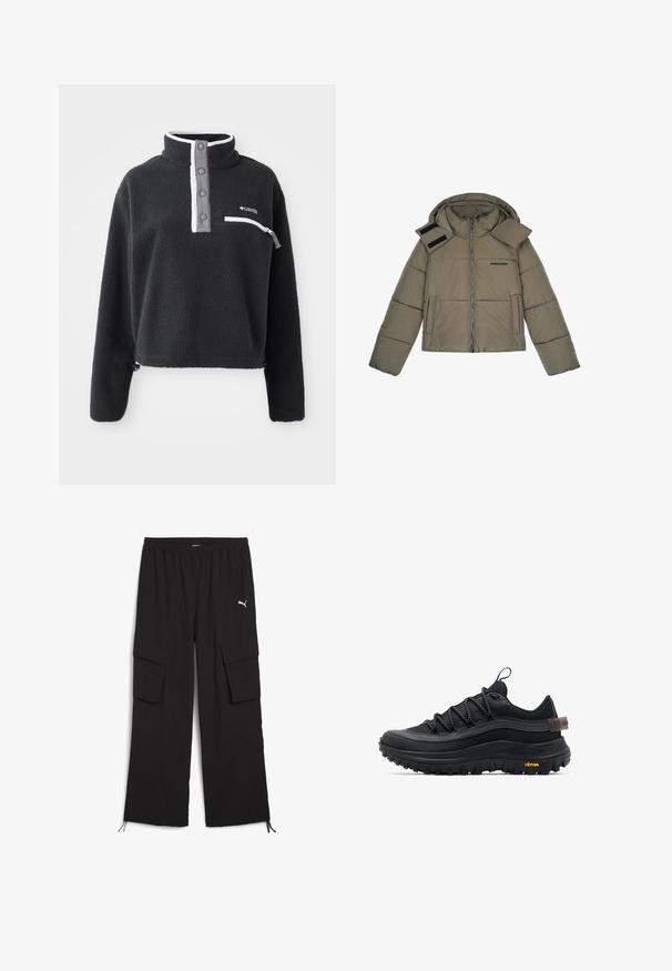 Olivengrøn polstret jakke med lynlås, fast hoodie og detalje med skulderrem. Har et logo på brystet og sidelommer.; Sort fleece pullover med halv lynlås krave, der har en brystlomme og kontrasterende hvide og grå detaljer. Blød tekstur, cropped design.; Svarte cargo-bukser med bred ben-design, elastisk talje, to sidelommer og snoretræk ved kanten. Har et lille hvidt logo.; Sort lav sko til vandring med tyk, tekstureret Vibram-sål, runde snørebånd, mesh-overdel og træksløjfe ved hæl og tunga.