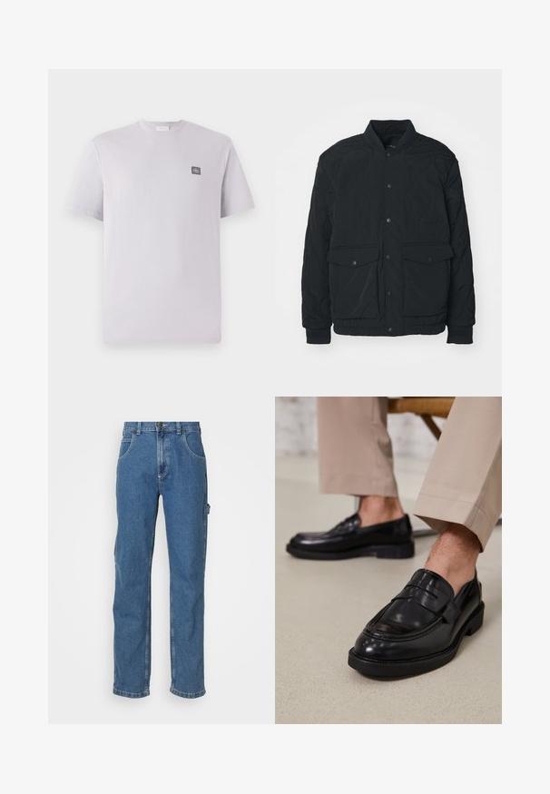 Sort quiltet jakke med ribbet krave, trykknapper, to for- lommer og elastiske manchetter; har en mat tekstur og letvægtsdesign.; Lys lavendelfarvet kortærmet t-shirt lavet af bomuld med rund hals og et lille mørkt logo-patch på venstre bryst. Glat tekstur.; Lyseblå denimjeans med lige pasform, fem lommer og en let falmeffekt på stoffet. Har knap- og lynlåslukning.; Sorte lædermokkasiner med en glat overflade, der har en dekorativ rem og kontraststing, parret med beige bukser.