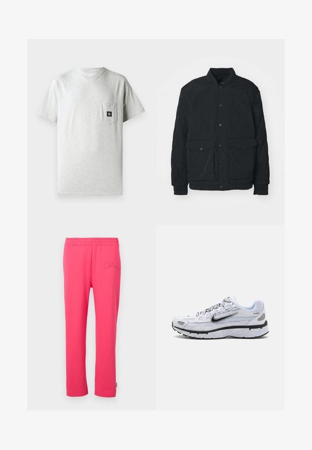 Sort quiltet jakke med ribbet krave, trykknapper, to for- lommer og elastiske manchetter; har en mat tekstur og letvægtsdesign.; Herret grå bomulds t-shirt med rund halsudskæring, korte ærmer og lomme på venstre bryst, forsynet med en lille sort logo-patch.; Lyserøde bomulds-loungebukser med elastisk talje og broderet logo detalje foran. Har et straight-leg design.; Hvide løbesko med mesh-overdel, rund tå, sorte accenter og mønstret sål. Har snøring og branding på siden.