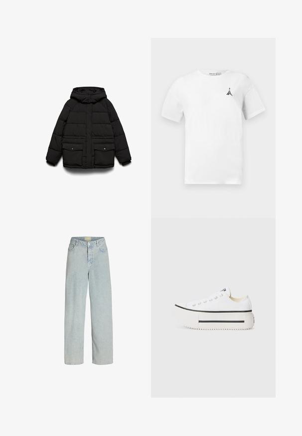 Sort polstret jakke med hætte, der har to frontlommer, lynlåslukning og quiltet tekstur for isolering.; Hvid bomulds t-shirt med rund halsudskæring, prydet med et lille sort Eiffeltårn-logo på venstre bryst. Korte ærmer og afslappet pasform.; Lyseblå denim brede bukser med høj talje, frontlommer og knaplukning. Stof i en blød, let tekstureret udseende.; Hvide kanvas platform sneakers med sort gummisål, rund tåhætte og metaløjer, der har et enkelt og rent design.