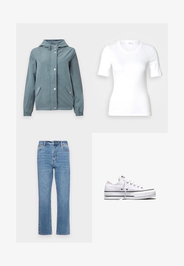 Lichtblauwe jas met een capuchon, voorzien van een ritssluiting en drukknoopsluiting, twee zijzakken en elastische manchet. Zachte, gladde textuur.; Wit T-shirt met korte mouwen van glad katoen, met een ronde halslijn en een aangesloten pasvorm. Klassiek ontwerp, zonder patronen of accenten.; Lichtblauwe denim jeans met een rechte pijp, vijf zakken, een sluiting met een knoop aan de voorkant en subtiele vervaging op de stof.; Witte lage canvas sneaker met witte veters, zwarte strepen op de zool en een rubberen, getextureerde neuskap, zijaanzicht op een witte achtergrond.