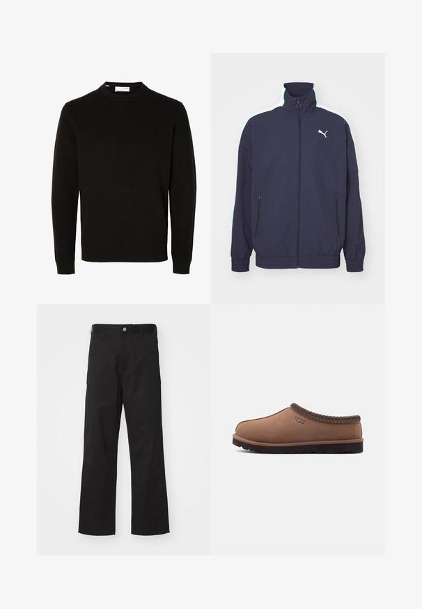Marinejacke mit hohem Kragen, Frontreißverschluss, Seitentaschen und kontrastierenden weißen und mintgrünen Streifen auf den Schultern. Mit Logo-Akzent.; Schwarzer langärmliger Rundhals-Strickpullover mit gerippten Bündchen und Saum, auf weißem Hintergrund gezeigt.; Schwarze Hose aus strapazierfähigem Material mit geradem Schnitt, ausgestattet mit einem vorderen Knopfverschluss, Gürtelschlaufen und ohne sichtbare Muster oder Akzente.; Brauner Slip-On-Schuh aus Wildleder mit einem gewebten Oberflächenbesatz, rundem Zehenbereich und einer strukturierten dunklen Gummisohle. Geprägtes Logo an der Seite.
