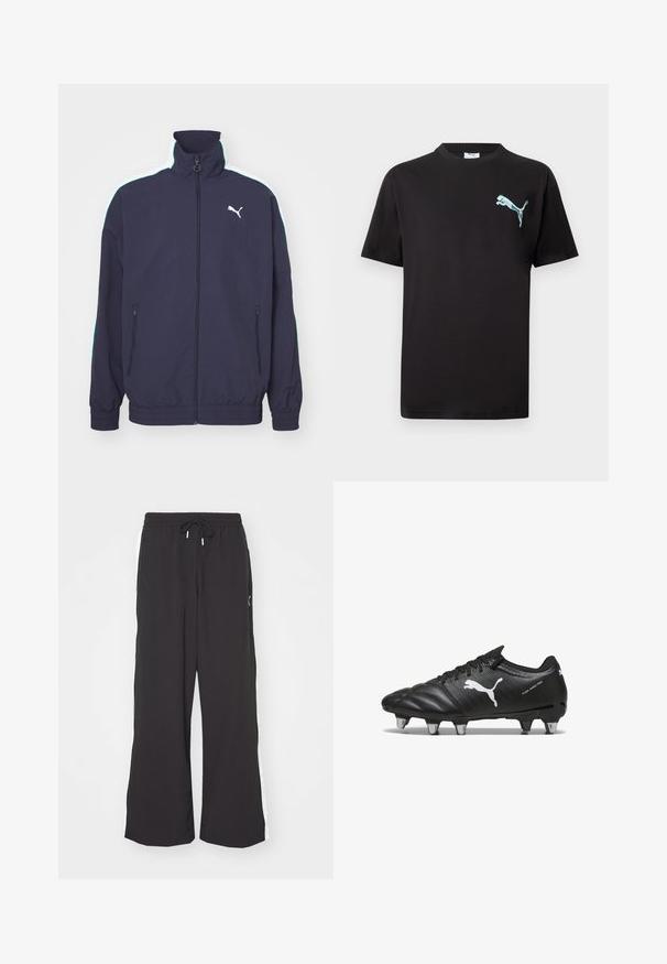 Marinejacke mit hohem Kragen, Frontreißverschluss, Seitentaschen und kontrastierenden weißen und mintgrünen Streifen auf den Schultern. Mit Logo-Akzent.; Schwarzes kurzärmliges T-Shirt mit kleinem hellblauem Puma-Logo auf der linken Brust vor weißem Hintergrund.; Schwarze weite Sweatpants mit elastischem Bund und Kordelzug. Mit weißen Seitenstreifen und zwei Seitentaschen. Glatte Textur.; Schwarze Fußballschuhe aus strukturiertem Material, mit weißem Puma-Logo, Schnürverschluss und Metallnägeln für besseren Halt. Das Design betont Leistung und Unterstützung.