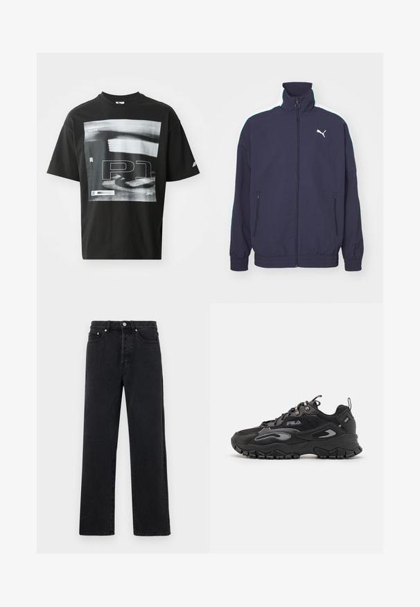 Marinejakke med høj krave, frontlynlås, sidelommer og kontrasterende hvide og mintgrønne striber på skuldrene. Har logo accent.; Sort bomulds T-shirt med grafisk tryk, der inkluderer tekstelementerne "FORMULA 1 RACING" og "P1." Rund hals og korte ærmer.; Sorte denim straight-leg jeans med høj talje, fem lommer og metalknaplukning. Stof har en glat tekstur og let glans.; Sort sneaker med en overdel i mesh og syntetisk materiale, gummisål, afrundet tå og refleksdetaljer på siderne og snørebåndene.