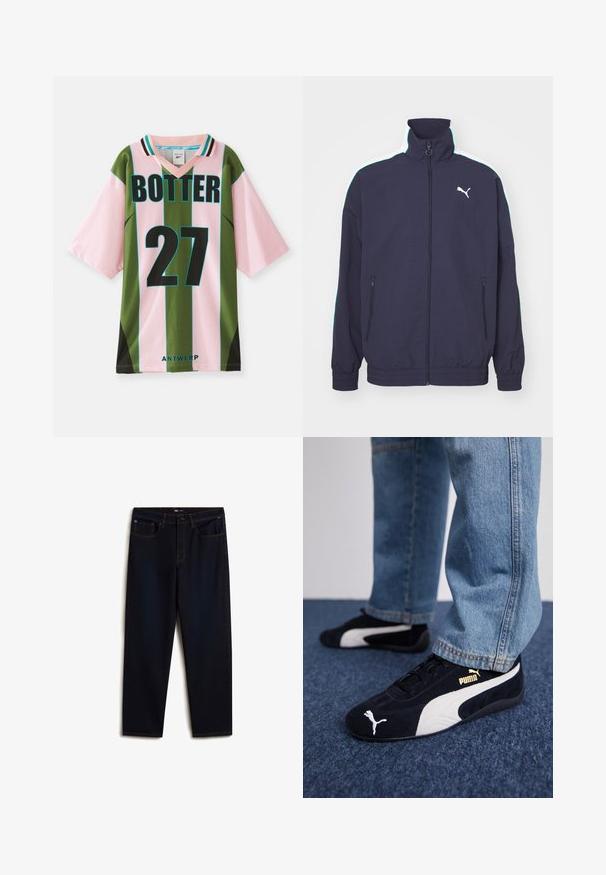 Marineblauwe jas met hoge kraag, ritssluiting aan de voorkant, zijzakken en contrasterende witte en mintgroene strepen op de schouders. Bevat een logo-accent.; Groen en roze gestreepte trui met V-hals, met het nummer 27 in het zwart, "BOTTER" erboven gedrukt en "ANTWERP" onderaan.; Vans Relaxed fit jeans - dark blue; Zwarte suède sneakers met witte accenten, voorzien van een gouden logo. Gemaakt met lichtblauwe spijkerbroek en geplaatst op een textuur blauwe ondergrond.