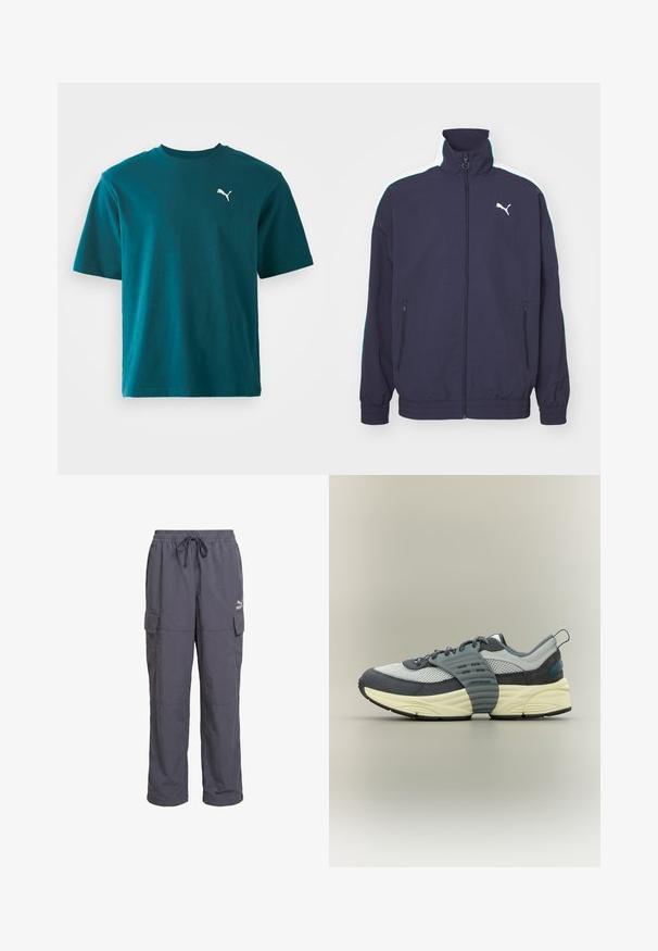 Marinejakke med høj krave, frontlynlås, sidelommer og kontrasterende hvide og mintgrønne striber på skuldrene. Har logo accent.; Teal bomulds t-shirt med korte ærmer, rund hals og et hvidt Puma-logo på venstre bryst; glat tekstur og regular fit.; Mørkegrå løstsiddende cargobukser med elastisk taljebånd, snøre og klaplommer på siderne, med Puma-logo på højre lår.; Lavtop sneaker med øverste del i gråt mesh og ruskind, cremefarvet mellemsål, sort ydersål og en bred grå rem tværs over mellemfoden.