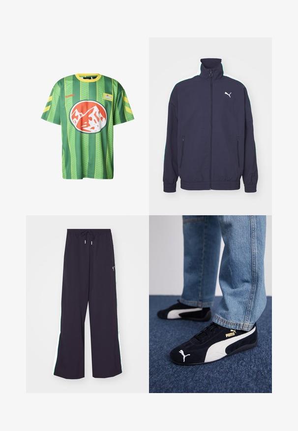 Veste marine avec un col haut, fermeture éclair à l'avant, poches latérales et rayures blanches et vert menthe contrastées sur les épaules. Présente un accent logo.; Maillot à manches courtes rayé vert et jaune en tissu léger, arborant un logo rond proéminent avec un design de montagne orange et blanc.; Pantalons larges noirs en tissu léger. Dotés d'une taille élastique avec cordon de serrage et de bandes latérales vertes contrastantes avec un accent logo.; Baskets en daim noir avec accents blancs, arborant un logo doré. Portées avec un jean en denim bleu clair et posées sur une surface bleue texturée.
