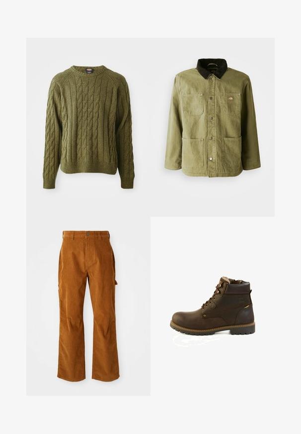 Chaqueta verde olivo con un cuello de pana oscuro, que cuenta con dos bolsillos frontales, botones a presión y un sutil logo en el lado izquierdo del pecho.; Suéter verde de punto trenzado con cuello redondo, patrón texturizado, puños y dobladillo acanalados, con motas de color a lo largo de la tela.; Pantalones de pana marrones con un diseño de pierna acampanada, que cuentan con bolsillos laterales y un cierre de botón en la parte delantera. La textura es suave y estriada.; Bota de tobillo marrón de cuero con cordones, collar acolchado, forro de lana y suela con dibujo resistente, diseñada para uso al aire libre o invierno.