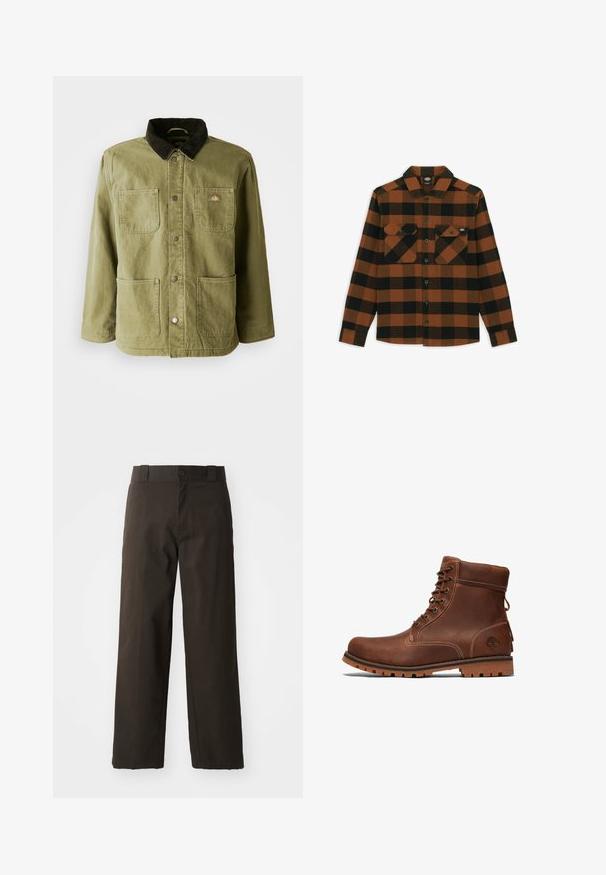 Chaqueta verde olivo con un cuello de pana oscuro, que cuenta con dos bolsillos frontales, botones a presión y un sutil logo en el lado izquierdo del pecho.; Camisa de manga larga en un patrón de cuadros naranja y negro, hecha de una tela texturizada. Presenta dos bolsillos en el pecho y cierre frontal con botones.; Pantalones de algodón negros con un diseño de pierna recta, que cuentan con un cierre de botón y una cinturilla clásica. Textura suave, sin patrones ni acentos.; Botín de cuero marrón hasta el tobillo con diseño de cordones, cuello acolchado, costuras en contraste y suela de goma con un patrón de textura.