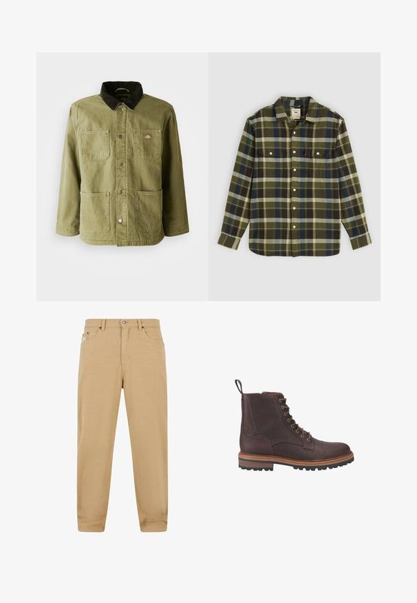 Chaqueta verde olivo con un cuello de pana oscuro, que cuenta con dos bolsillos frontales, botones a presión y un sutil logo en el lado izquierdo del pecho.; Camisa de franela cuadriculada verde con mangas largas, que cuenta con dos bolsillos en el pecho y botones blancos. El material tiene una textura suave y un diseño casual.; Pantalones de algodón beige con corte recto, que cuentan con un cierre de cremallera, cinco bolsillos y sutiles detalles de costura. Textura suave y diseño clásico.; Botas de piel marrón con cordones hasta el tobillo, acabado texturizado, suelas beige contrastantes y ojales metálicos. Incluyen una lengüeta para facilitar su puesta.